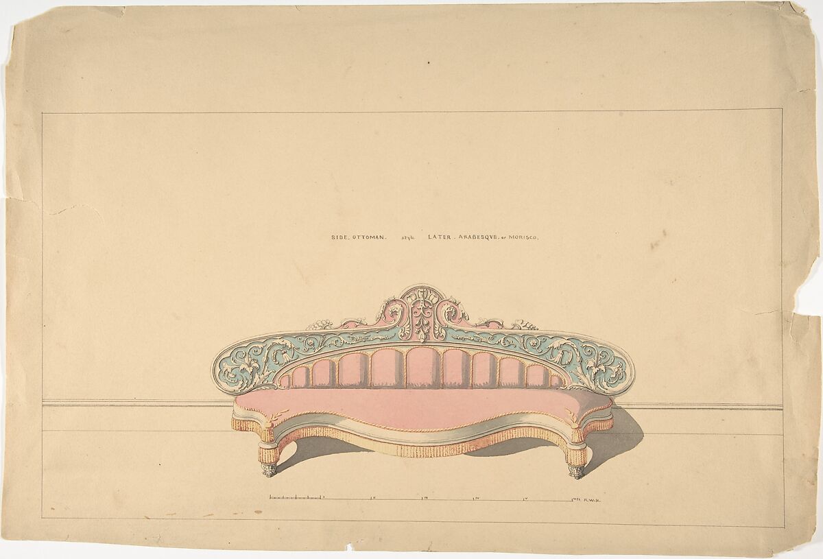 Design for Side Ottoman, Later Arabesque or Morisco Style, Robert William Hume (British, London 1816–1904 Long Island City), Pen and ink, graphite, watercolor 