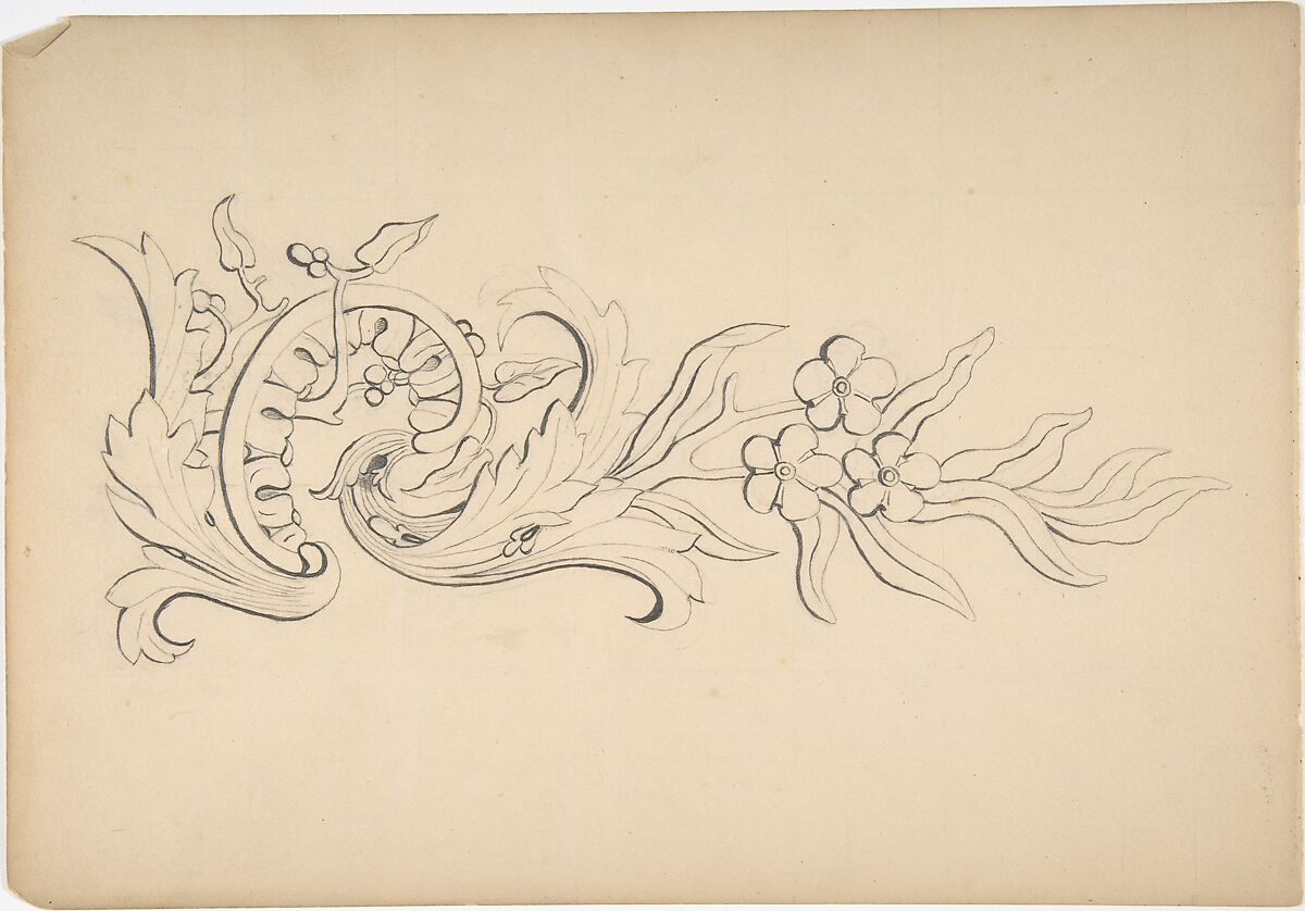 Designs for borders and corners, acanthus, Robert William Hume (British, London 1816–1904 Long Island City), Pen and ink, graphite 