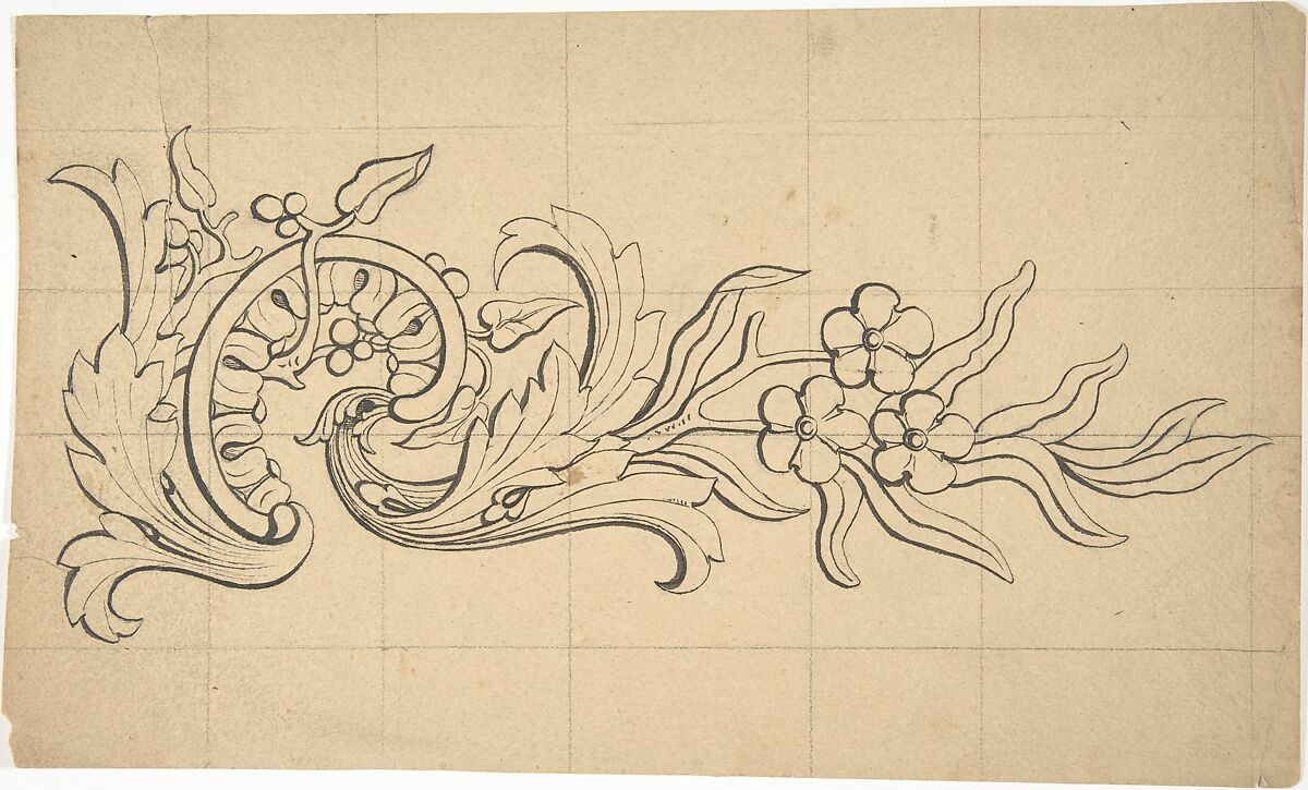 Designs for borders and corners, acanthus, Robert William Hume (British, London 1816–1904 Long Island City), Pen and ink, graphite 