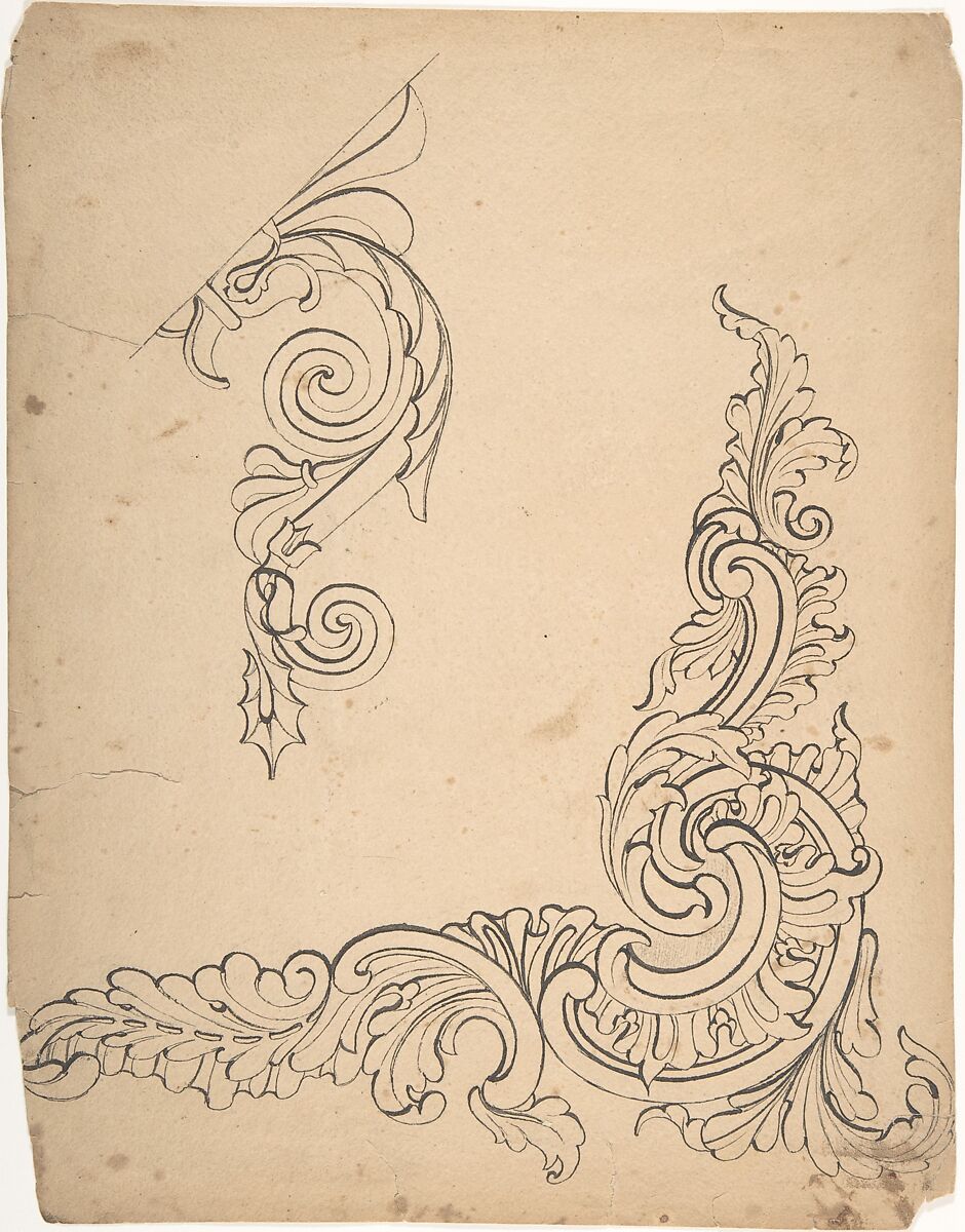 Designs for borders and corners, acanthus, Robert William Hume (British, London 1816–1904 Long Island City), Pen and ink 