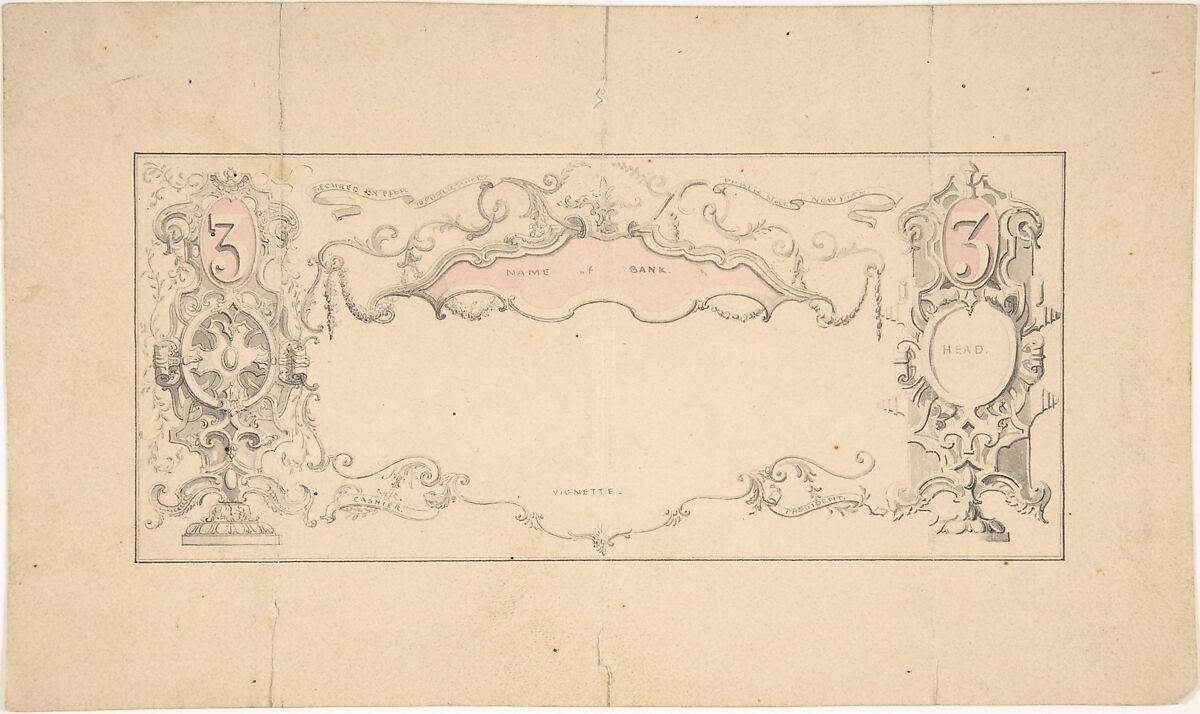 Design for Banknote or Certificate, Robert William Hume (British, London 1816–1904 Long Island City), Pen and ink, graphite, watercolor 