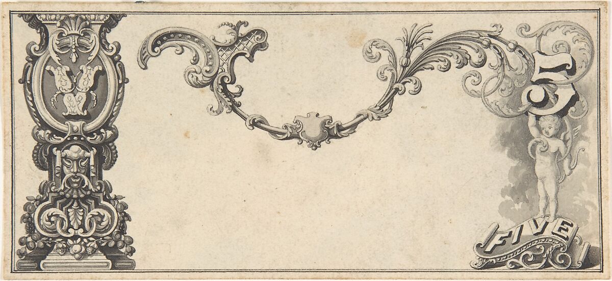 Design for Banknote, Robert William Hume (British, London 1816–1904 Long Island City), Pen and ink, brush and wash, graphite 
