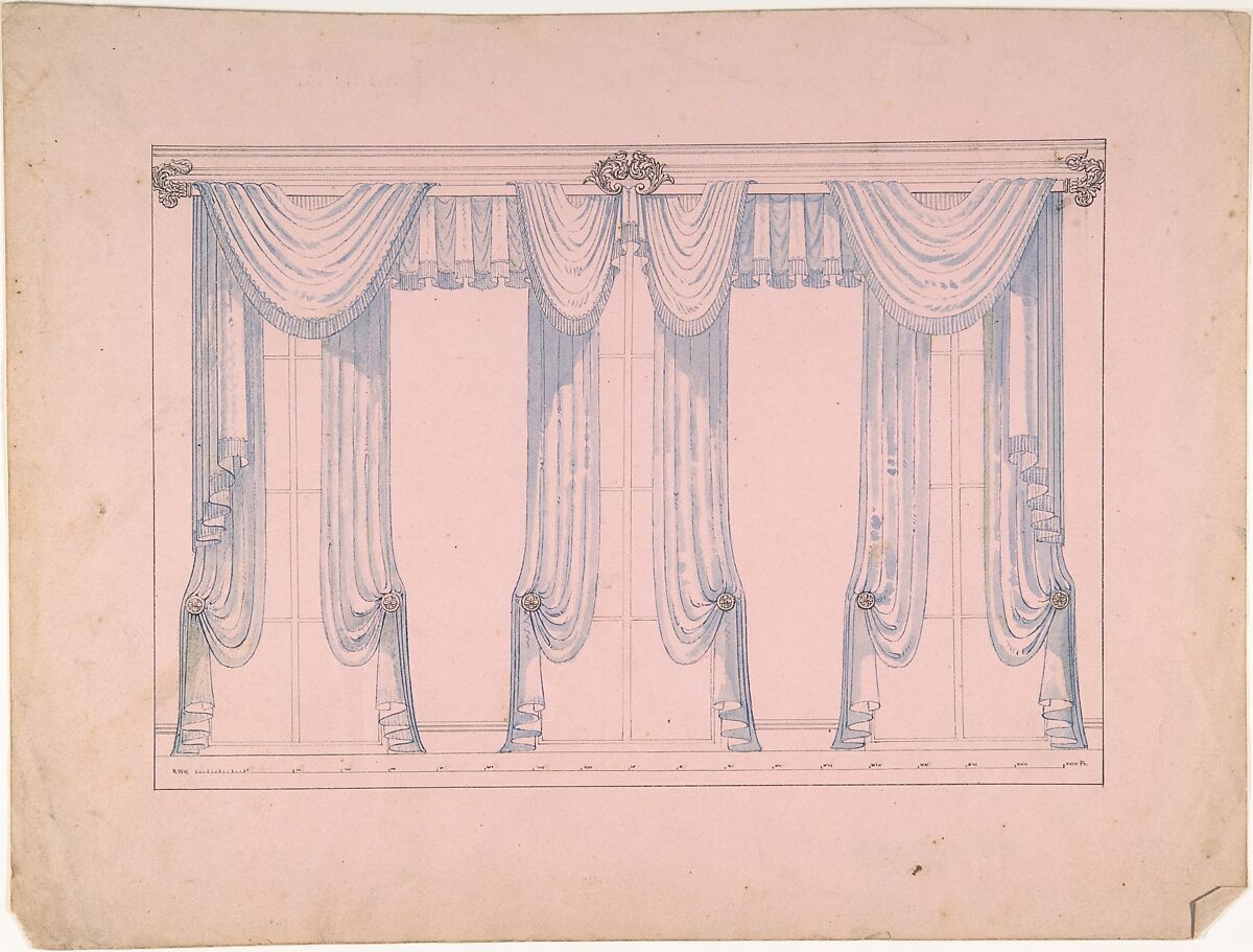 Design for Window drapery, Robert William Hume (British, London 1816–1904 Long Island City), Pen and ink, brush and wash or watercolor, on pink paper 