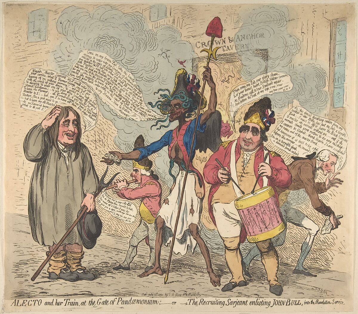 Alecto and Her Train, at the Gate of Pandaemonium:–or–The Recruiting Sarjeant Enlisting John Bull, Into the Revolution Service, James Gillray (British, London 1756–1815 London), Hand-colored etching 