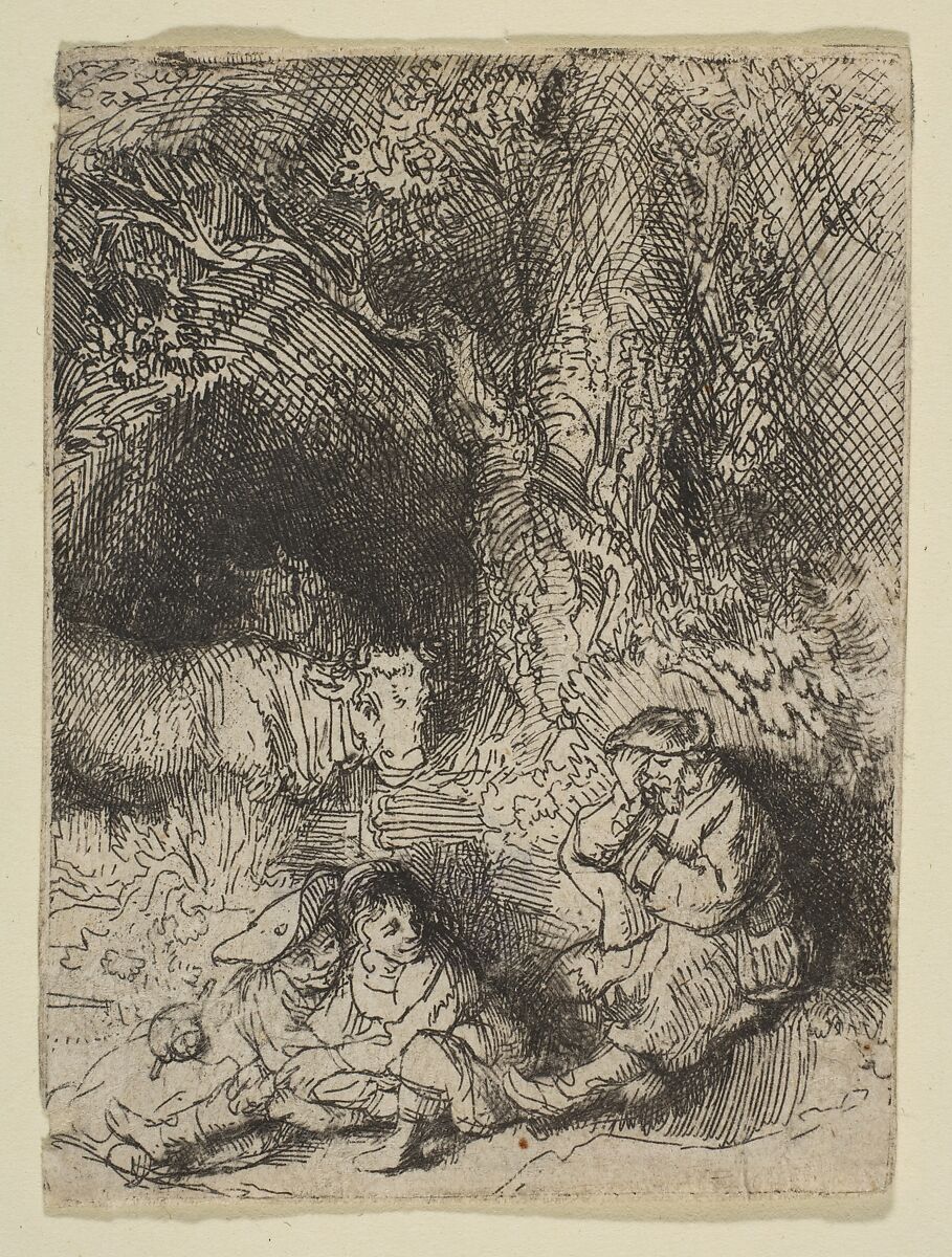 The Sleeping Herdsman, Rembrandt (Rembrandt van Rijn) (Dutch, Leiden 1606–1669 Amsterdam), Etching and drypoint 