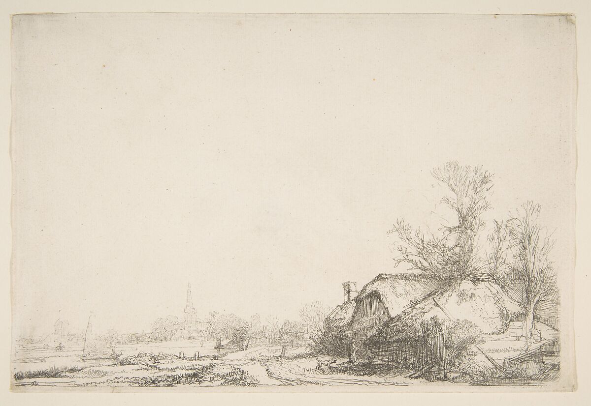 Cottage Beside a Canal with a View of Ouderkerk (counterproof), Rembrandt (Rembrandt van Rijn) (Dutch, Leiden 1606–1669 Amsterdam), Etching and drypoint 