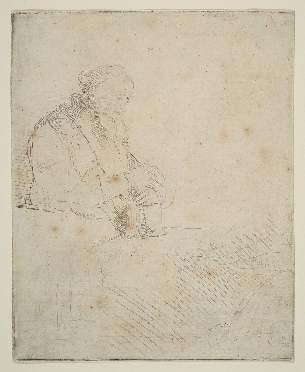 Old Man in Meditation, Leaning on a Book, Rembrandt (Rembrandt van Rijn) (Dutch, Leiden 1606–1669 Amsterdam), Etching and drypoint; second of two states 