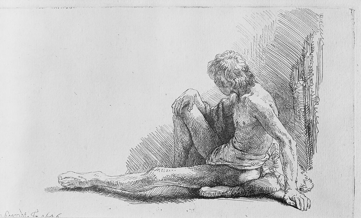 Study from the Nude: Man Seated on Ground, with One Leg Extended, Rembrandt (Rembrandt van Rijn) (Dutch, Leiden 1606–1669 Amsterdam), Etching and engraving; second of two states