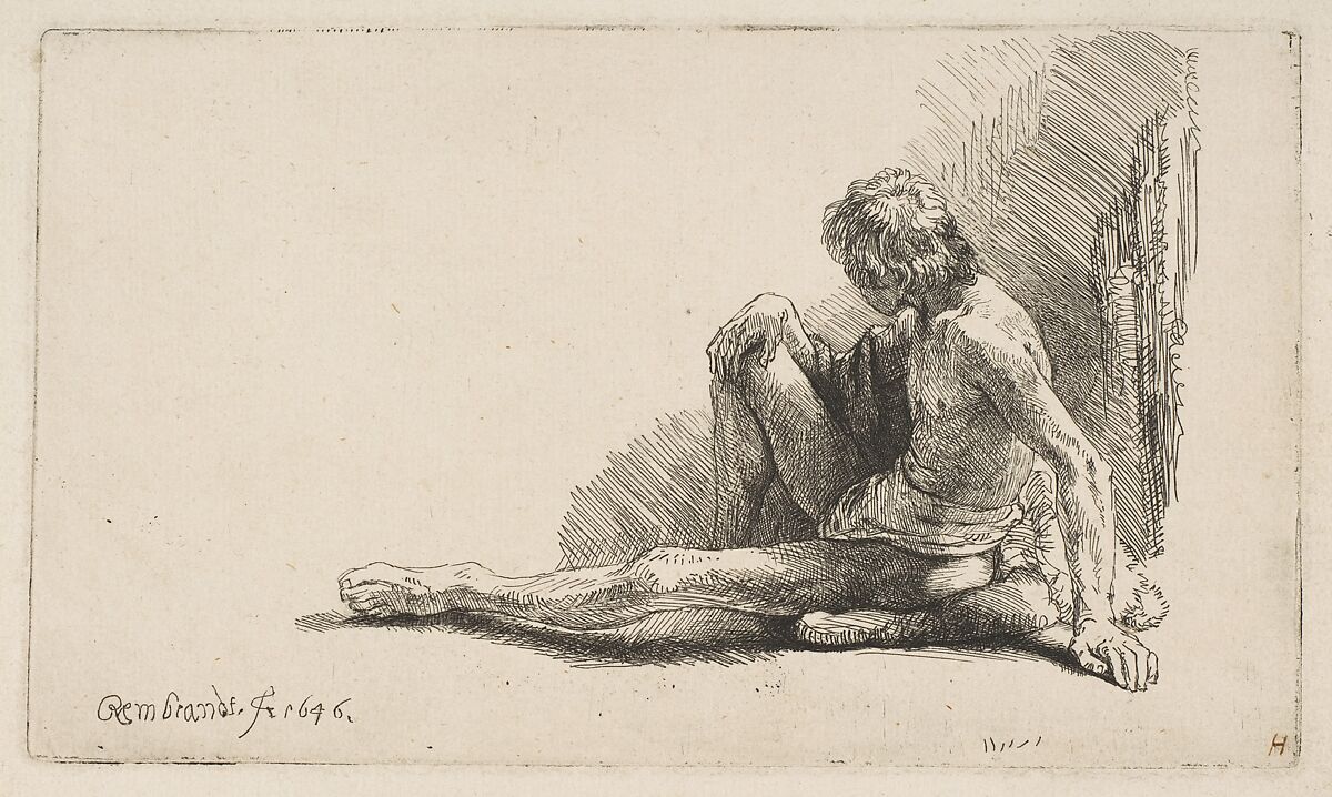 Study from the Nude: Man Seated on Ground, with One Leg Extended, Rembrandt (Rembrandt van Rijn)  Dutch, Etching and engraving; second of two states