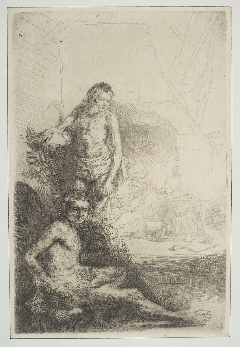 Nude Man Seated and Another Standing, with a Woman and a Baby Lightly Etched in Background, Rembrandt (Rembrandt van Rijn) (Dutch, Leiden 1606–1669 Amsterdam), Etching; fifth of eight states 