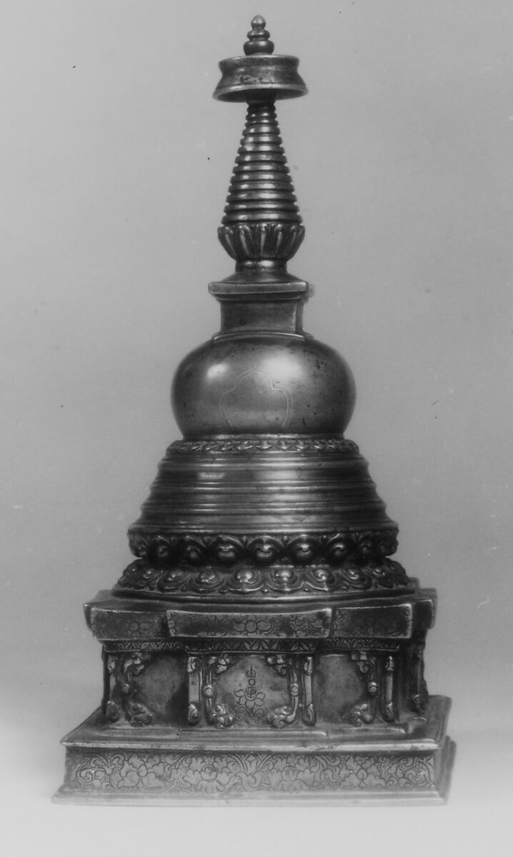 Model of a Stupa, Bronze inlaid with silver and copper, Tibet 