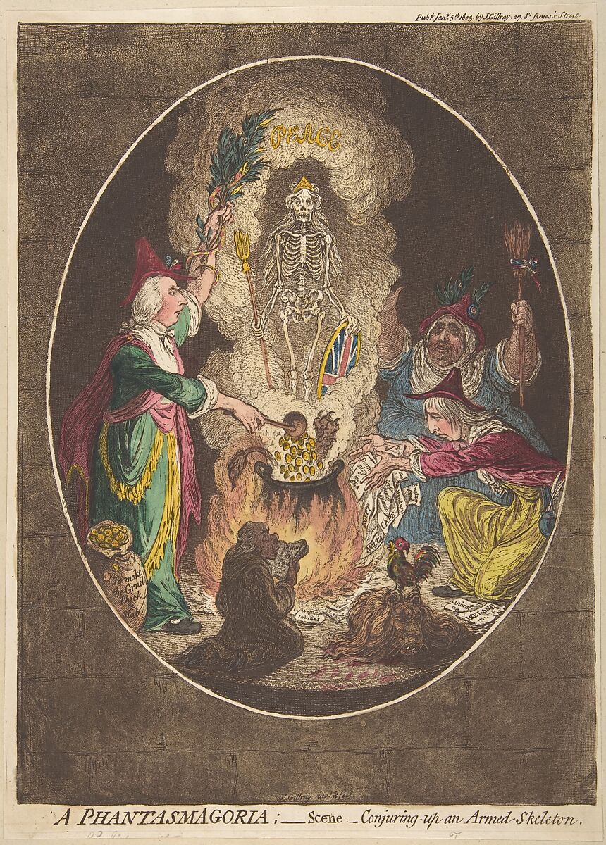 A Phantasmagoria; — Scene – Conjuring-Up an Armed-Skeleton, James Gillray (British, London 1756–1815 London), Hand-colored etching 