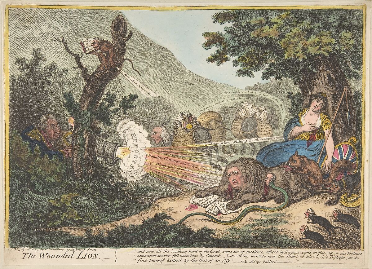 The Wounded Lion, James Gillray (British, London 1756–1815 London), Hand-colored etching 