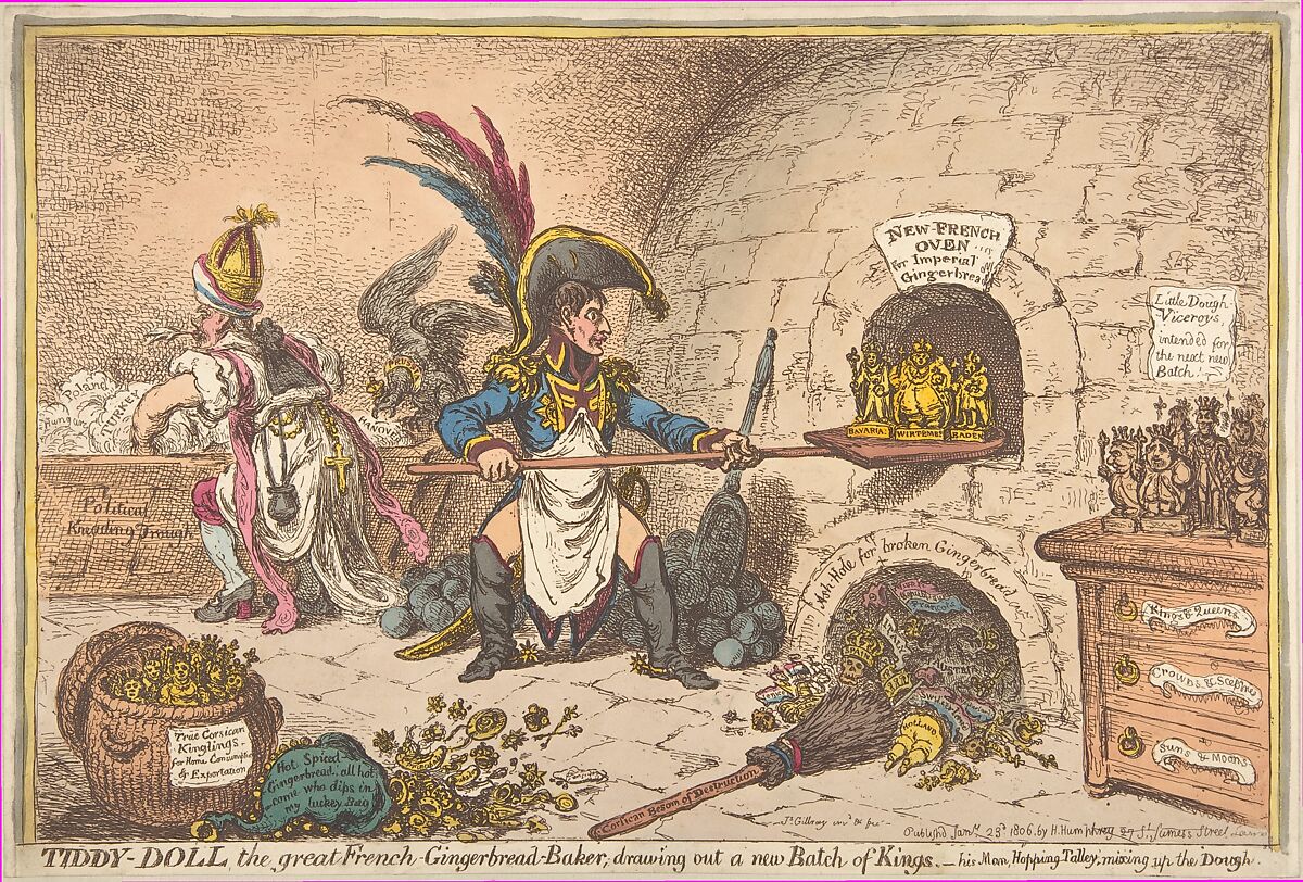 Tiddy-Doll, the Great French-Gingerbread-Baker; Drawing Out a New Batch of Kings, His Man Hopping Talley, Mixing Up the Dough, James Gillray (British, London 1756–1815 London), Hand-colored etching 