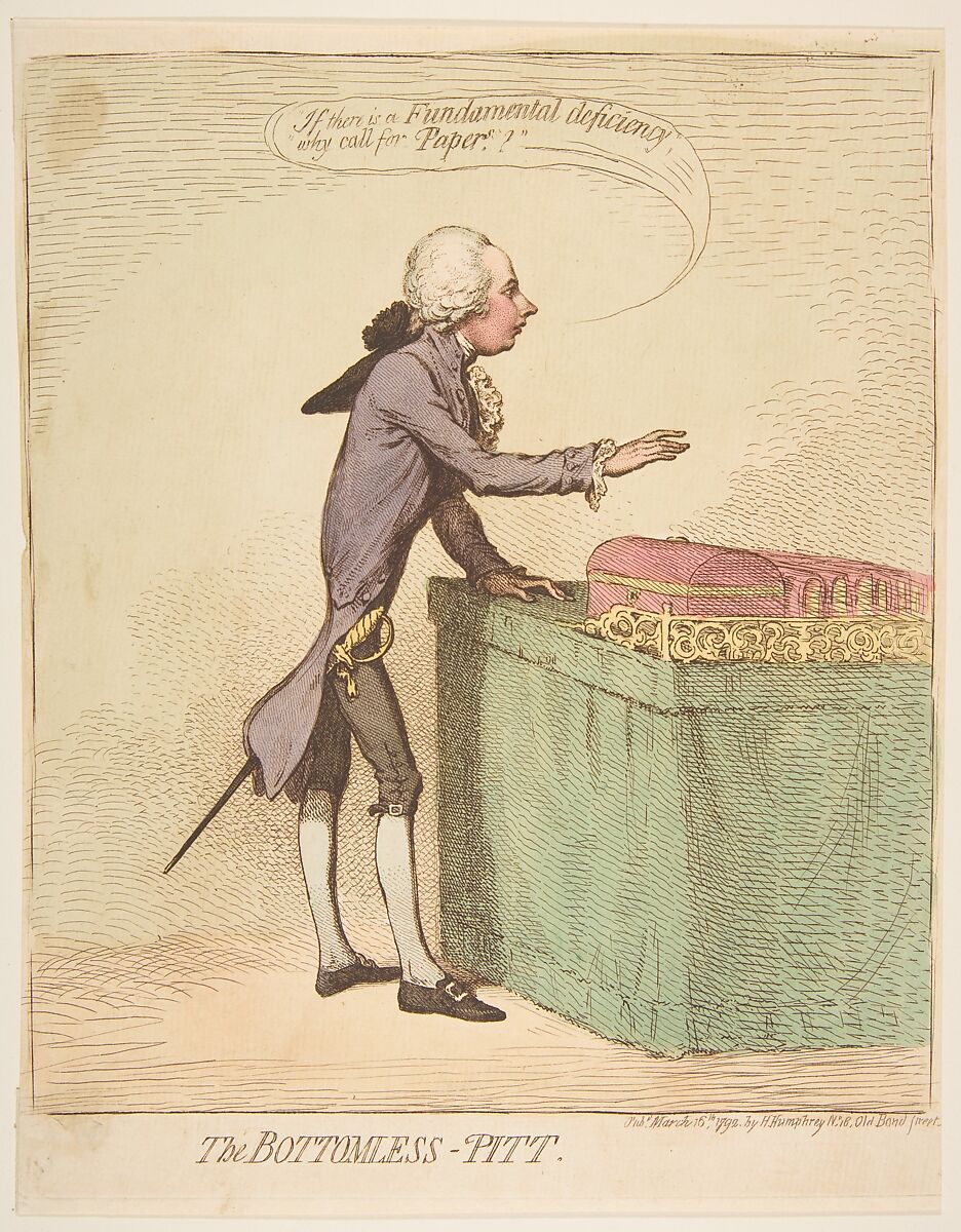 The Bottomless-Pitt, James Gillray (British, London 1756–1815 London), Hand-colored etching; open letter state 