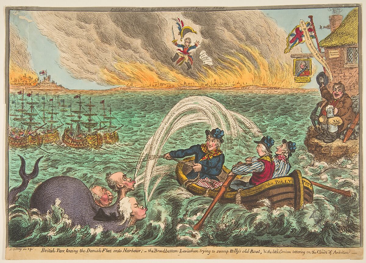 British Tars Towing the Danish Fleet into Harbour; the Broad-Bottom Leviathan trying Billy's Old Boat, and the Little Corsican tottering on the Clouds of Ambition, James Gillray (British, London 1756–1815 London), Hand-colored etching 