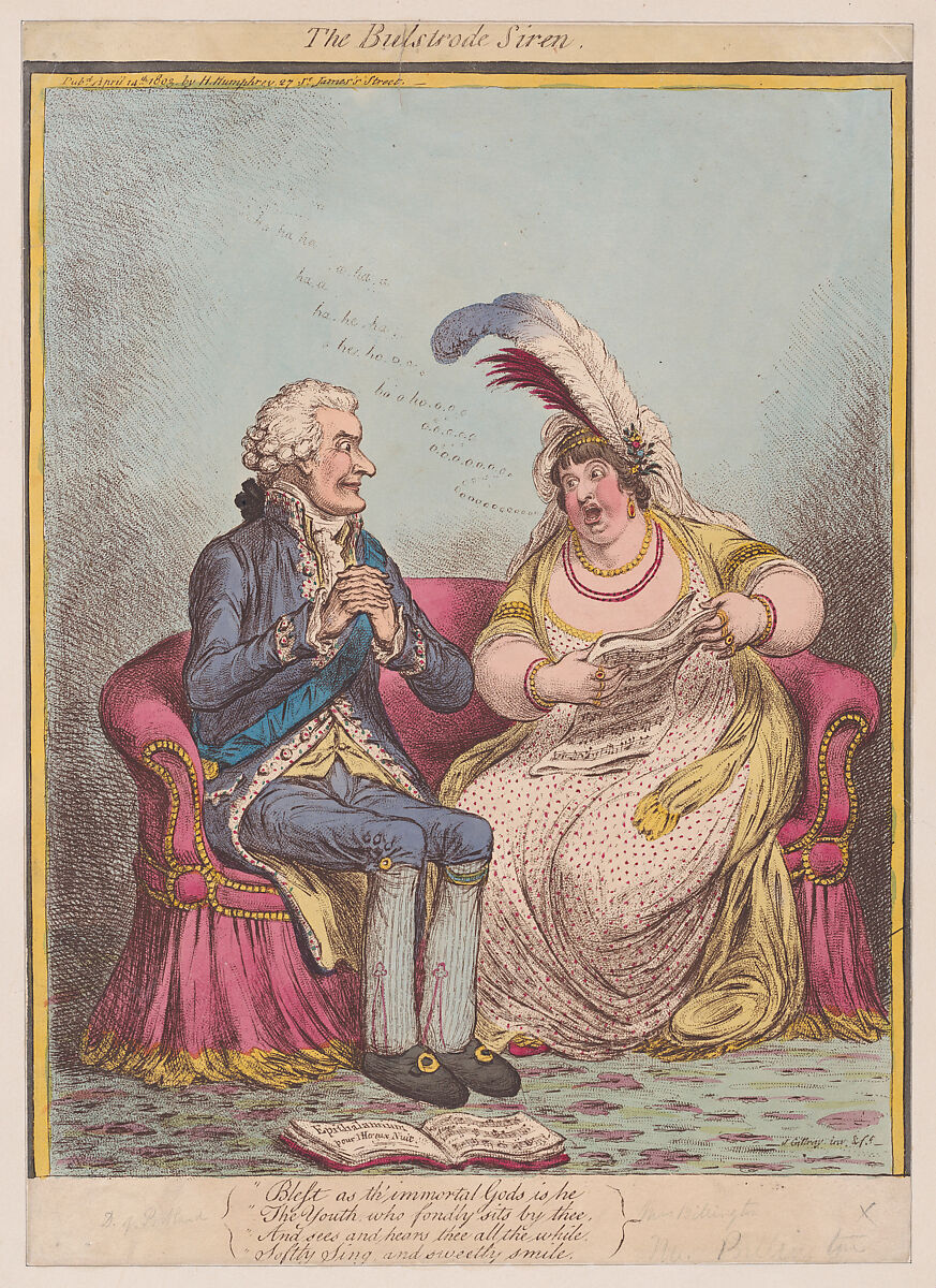 The Bulstrode Siren, James Gillray (British, London 1756–1815 London), Hand-colored etching 