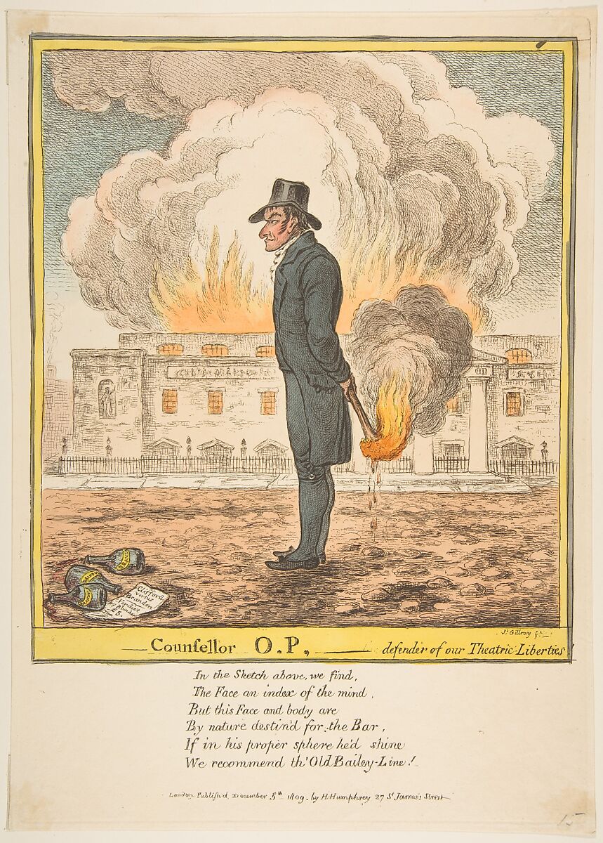 Counsellor O.P.–Defender of our Theatric Liberties, James Gillray (British, London 1756–1815 London), Hand-colored etching 