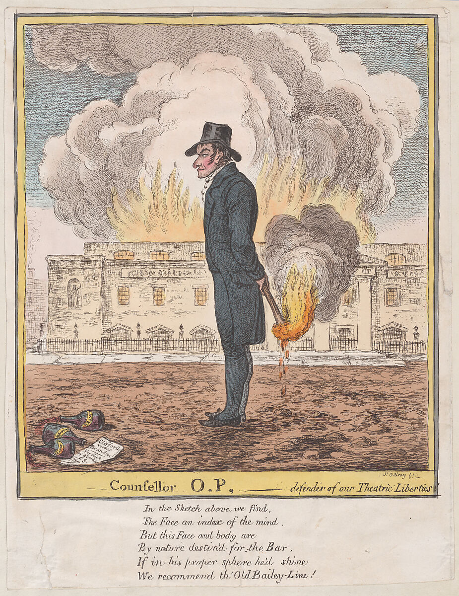 Counsellor O.P.–Defender of our Theatric Liberties, James Gillray (British, London 1756–1815 London), Hand-colored etching 