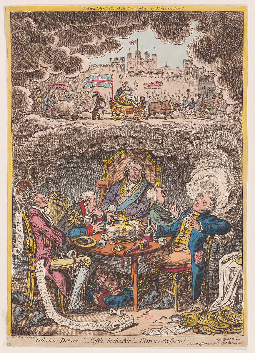 Delicious Dreams! –Castles in the Air! –Glorious Prospects!, James Gillray (British, London 1756–1815 London), Hand-colored etching 