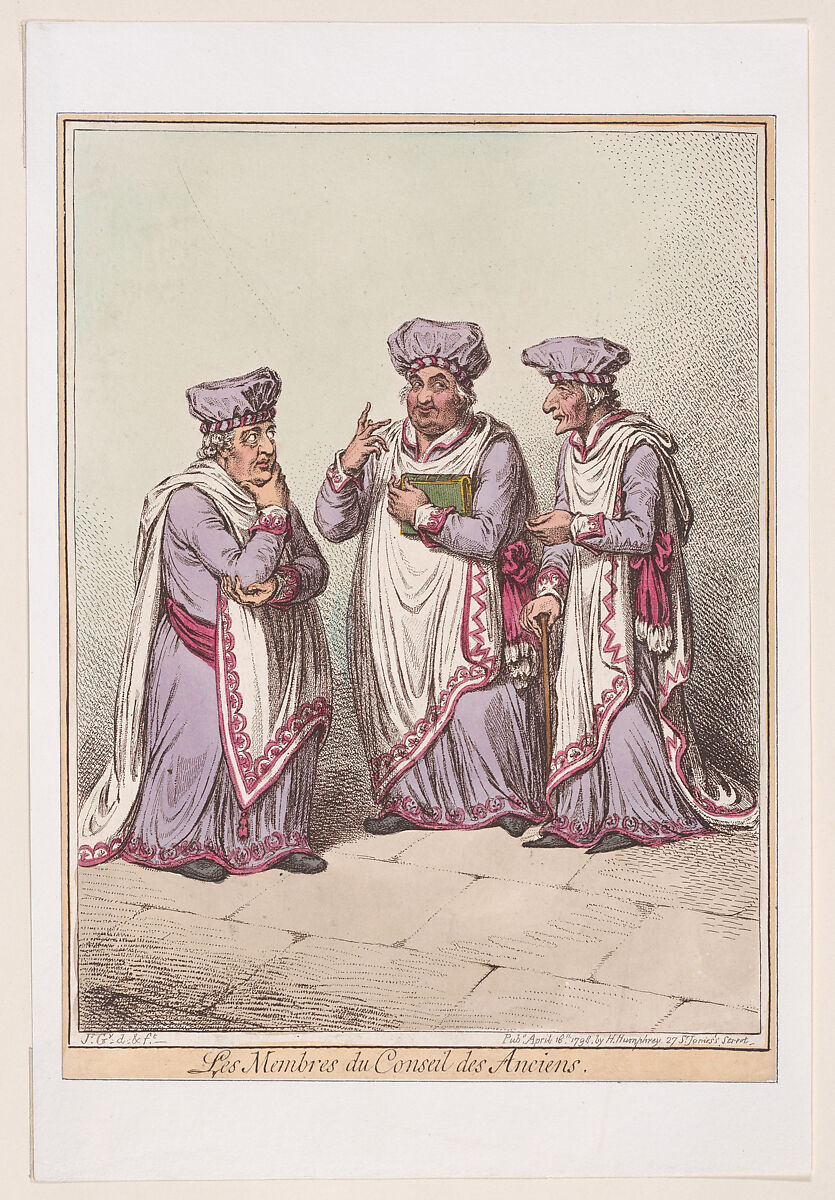 French Habits, No. 2 - Les Membres du Conseil des Anciens, James Gillray (British, London 1756–1815 London), Hand-colored etching 
