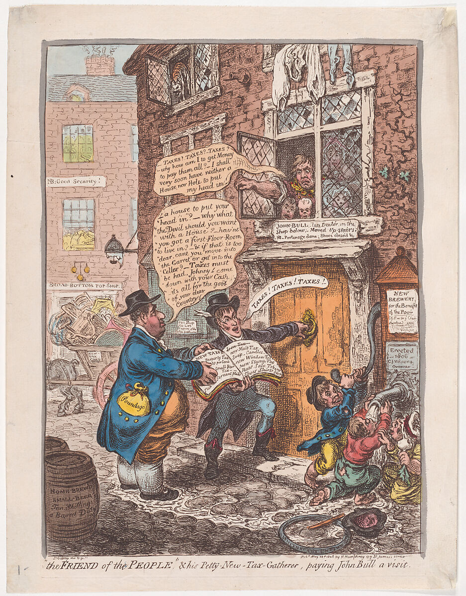 "The Friend of the People" & his Petty New Tax Gatherer, Paying John Bull a Visit, James Gillray (British, London 1756–1815 London), Hand-colored etching 