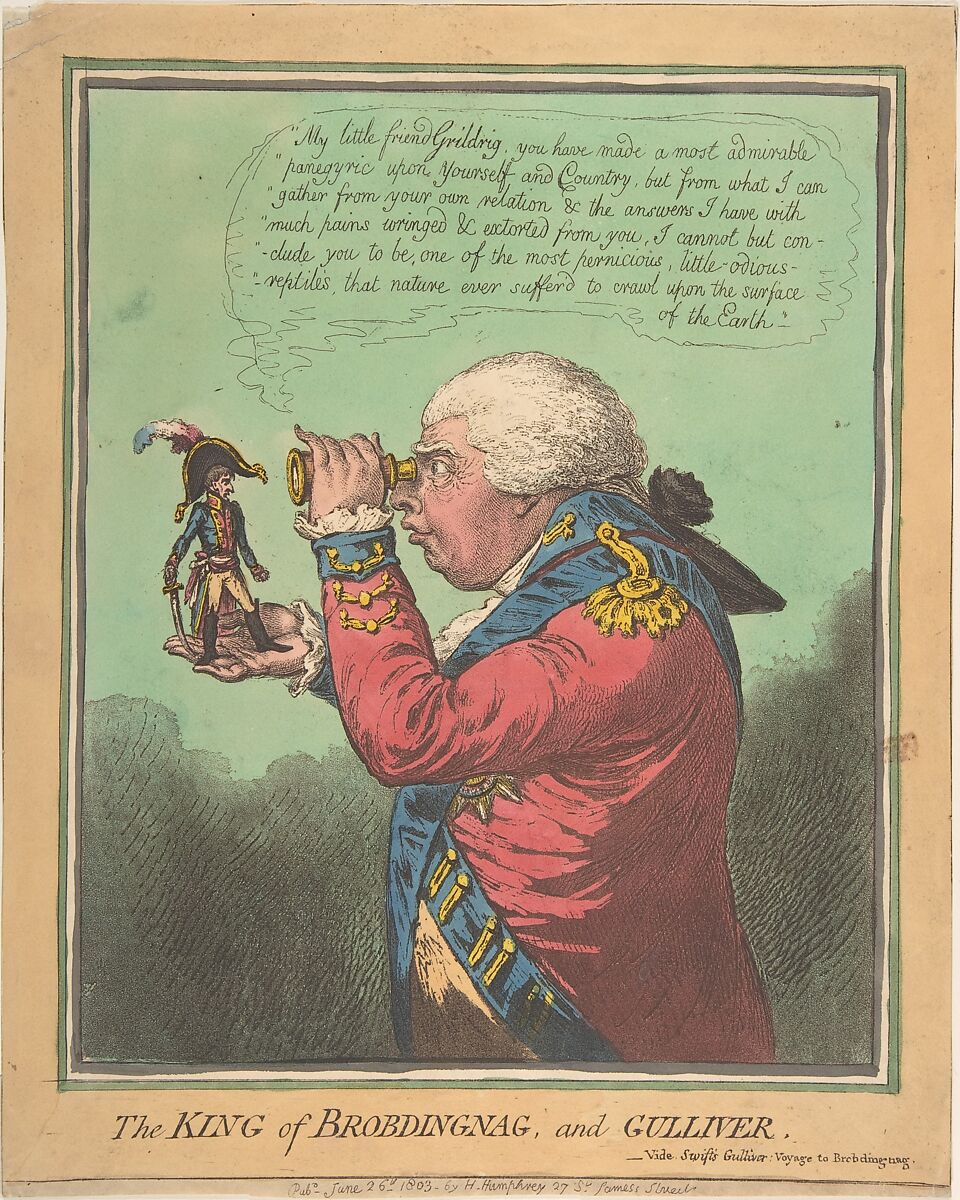 The King of Brobdingnag and Gulliver.–Vide. Swift's Gulliver: Voyage to Brobdingnag, James Gillray (British, London 1756–1815 London), Hand-colored etching and aquatint 