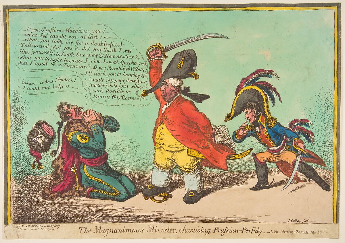 The Magnanimous Minister, Chastising Prussian Perfidy.–vide–Morning Chronicle April 28th, James Gillray (British, London 1756–1815 London), Hand-colored etching 