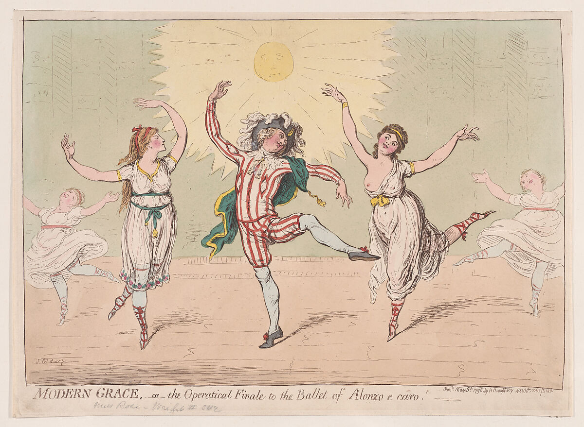 Modern Grace; -  or the Operatical Finale to the Ballet of Alonzo e Caro, James Gillray (British, London 1756–1815 London), Hand-colored etching 