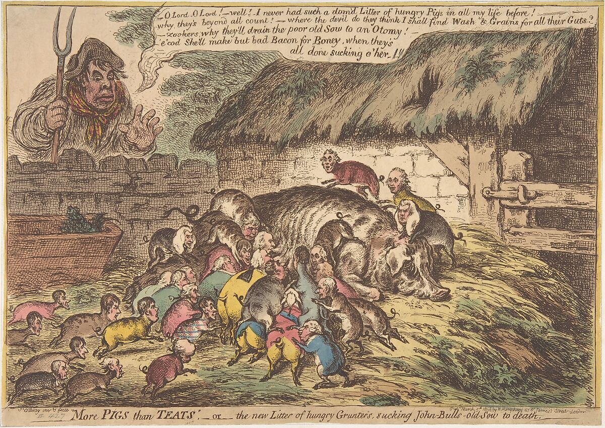 "More Pigs Than Teats",–or–the New Litter of Hungry Grunters, Sucking John-Bull's-Old-Sow to Death, James Gillray (British, London 1756–1815 London), Hand-colored etching 