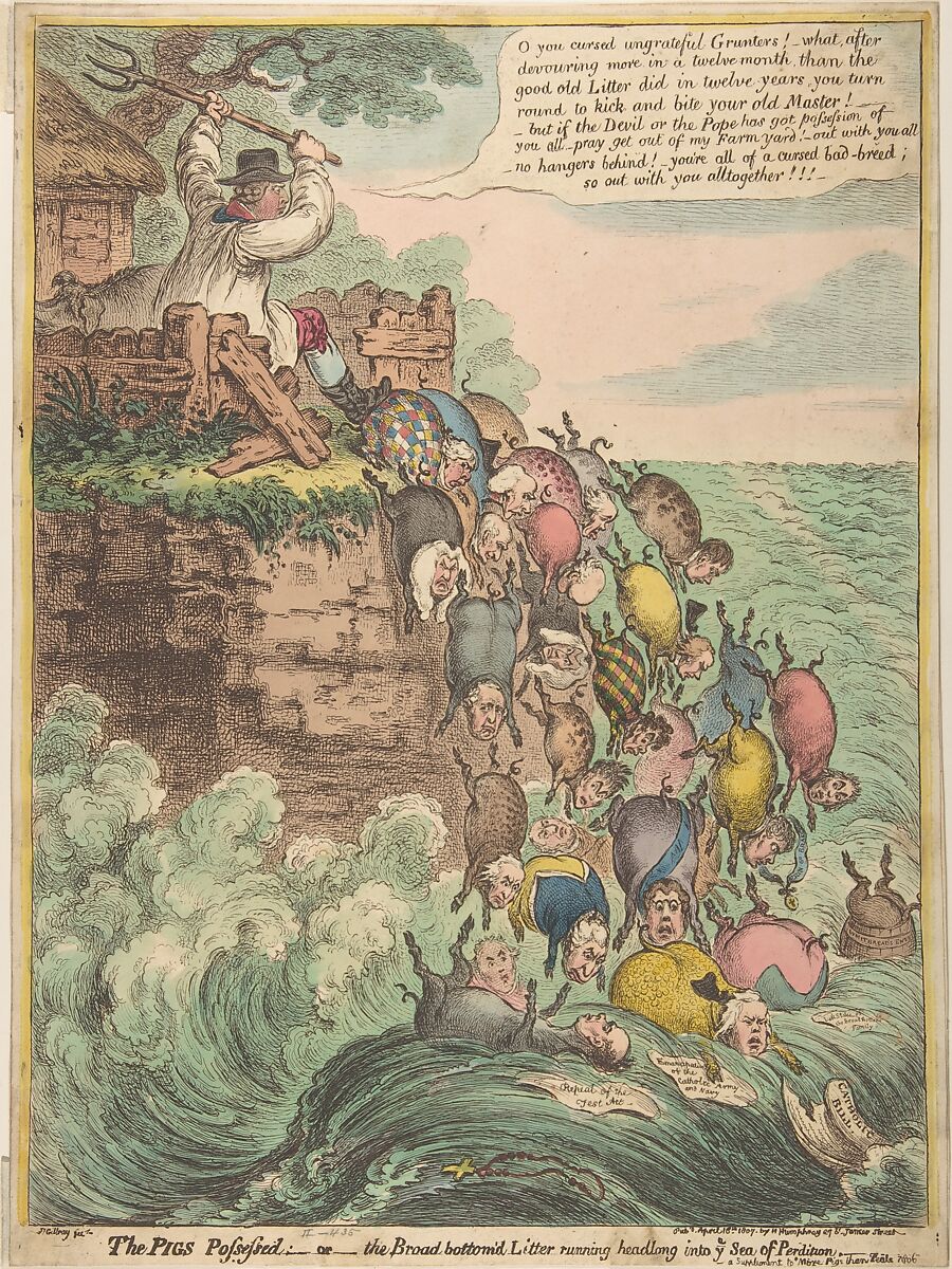 The Pigs Possessed:–or–the Broad Bottom'd Litter Running Headlong into Ye Sea of Perdition, James Gillray (British, London 1756–1815 London), Hand-colored etching 