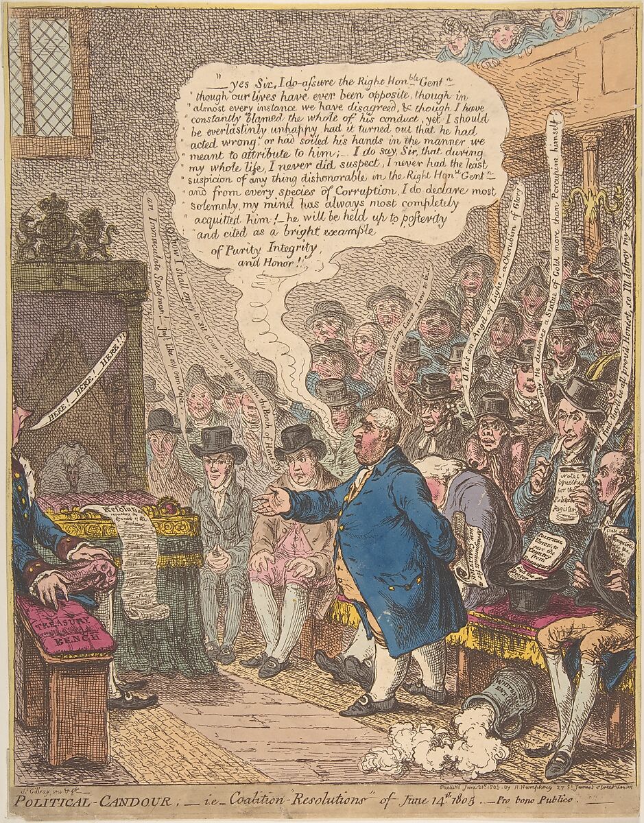 Political-Candour;– i.e.–Coalition-Resolutions of June 14th, 1805.–Pro bono Publico–, James Gillray (British, London 1756–1815 London), Hand-colored etching 
