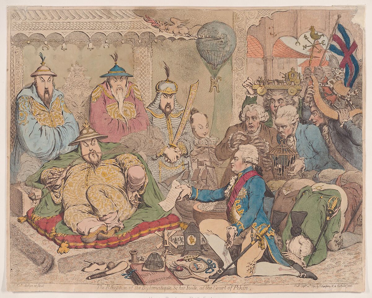 The Reception of the Diplomatique and his Suite at the Court of Pekin, James Gillray (British, London 1756–1815 London), Hand-colored etching 