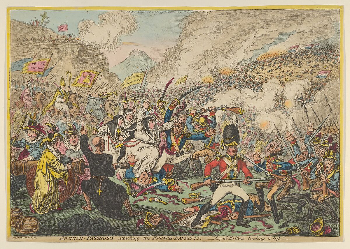 Spanish-Patriots Attacking the French-Banditti– Loyal Britons Lending a Lift, James Gillray (British, London 1756–1815 London), Hand-colored etching 