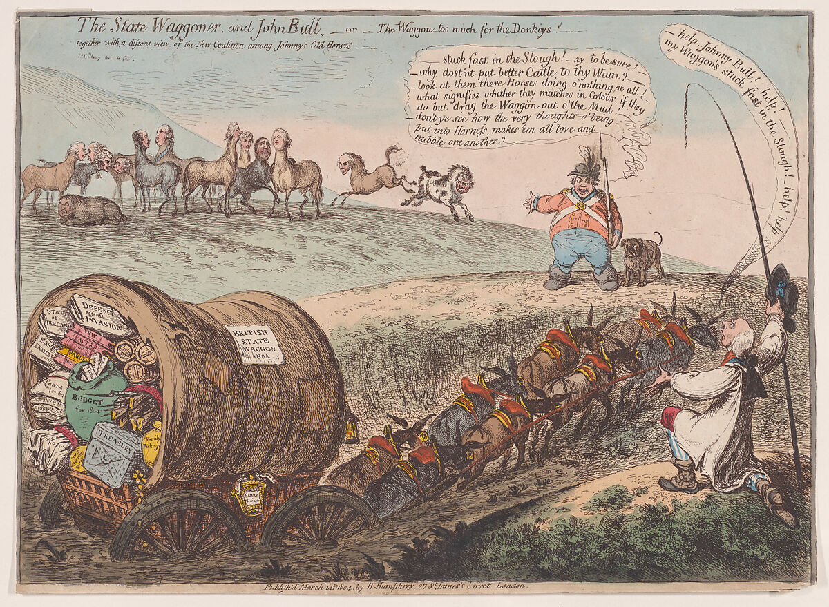 The State Waggoner and John Bull.–or–the Waggon too Much for the Donkeys!, James Gillray (British, London 1756–1815 London), Hand-colored etching 