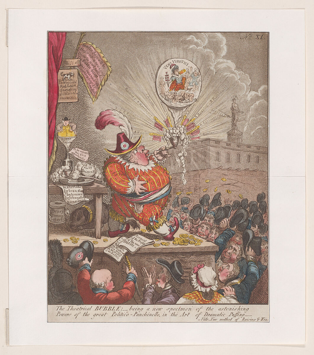 The Theatrical Bubble; being a new Specimen of the Astonishing Powers of the Great Politiico-Punchinello in the Art of Dramatic Puffing, After James Gillray (British, London 1756–1815 London), Hand-colored etching 