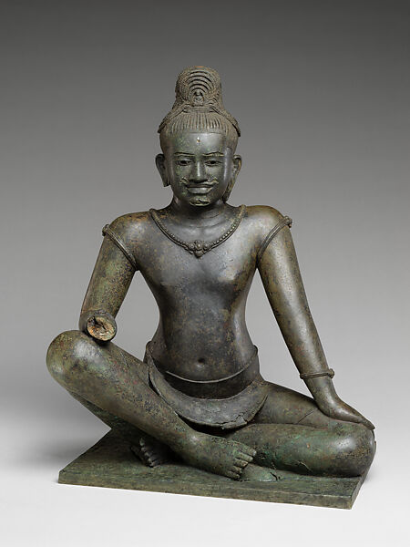 The Bodhisattva Avalokiteshvara Seated in Royal Ease, Copper alloy, silver inlay, Cambodia 