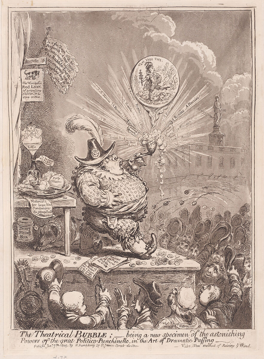 The Theatrical Bubble;–being a new Specimen of the Astonishing Powers of the Great Politiico-Punchinello in the Art of Dramatic Puffing, James Gillray (British, London 1756–1815 London), Etching and aquatint 