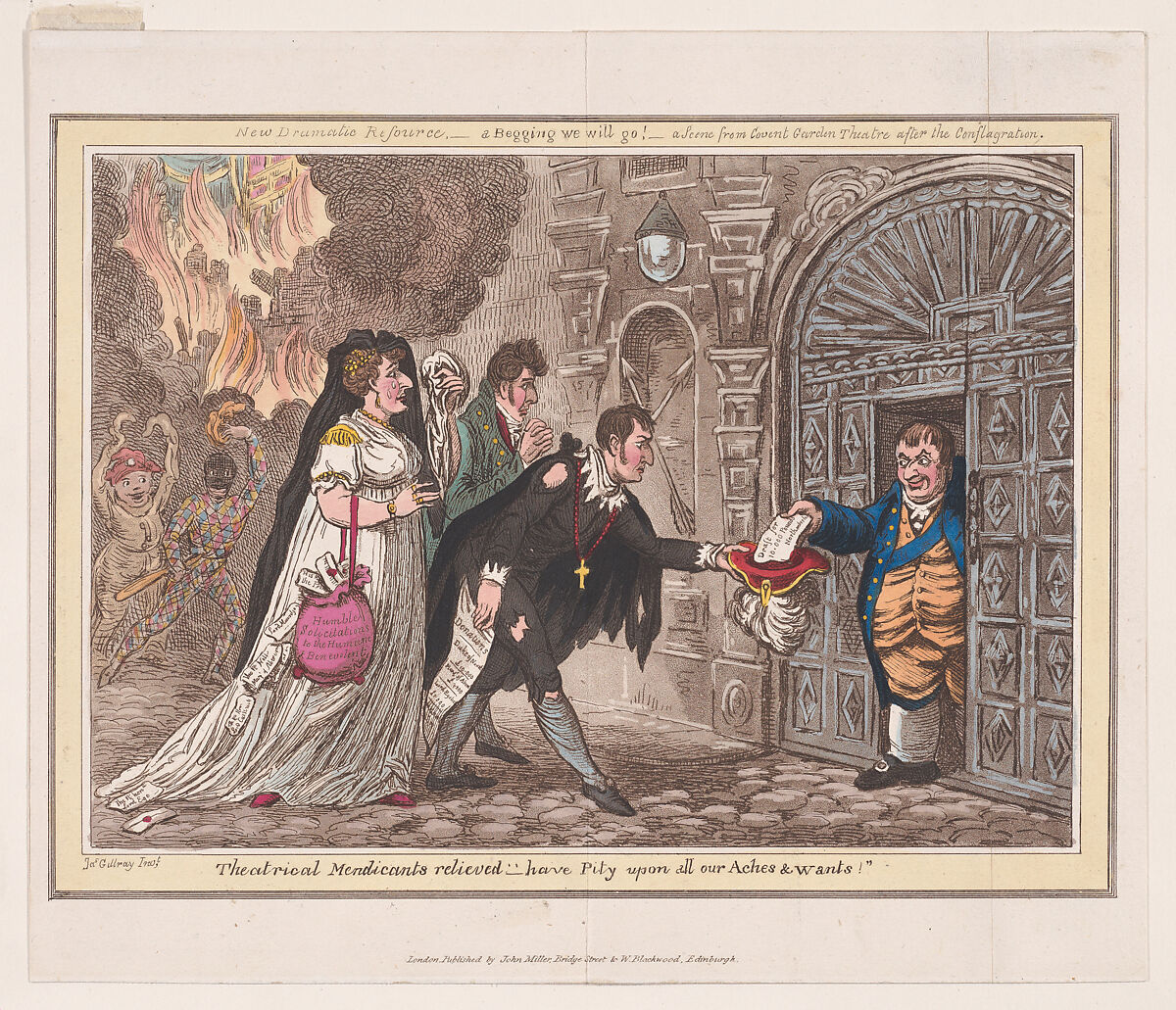 Theatrical Mendicants Relieved - have Pity upon all our Aches and Wants!, After James Gillray (British, London 1756–1815 London), Hand-colored etching 