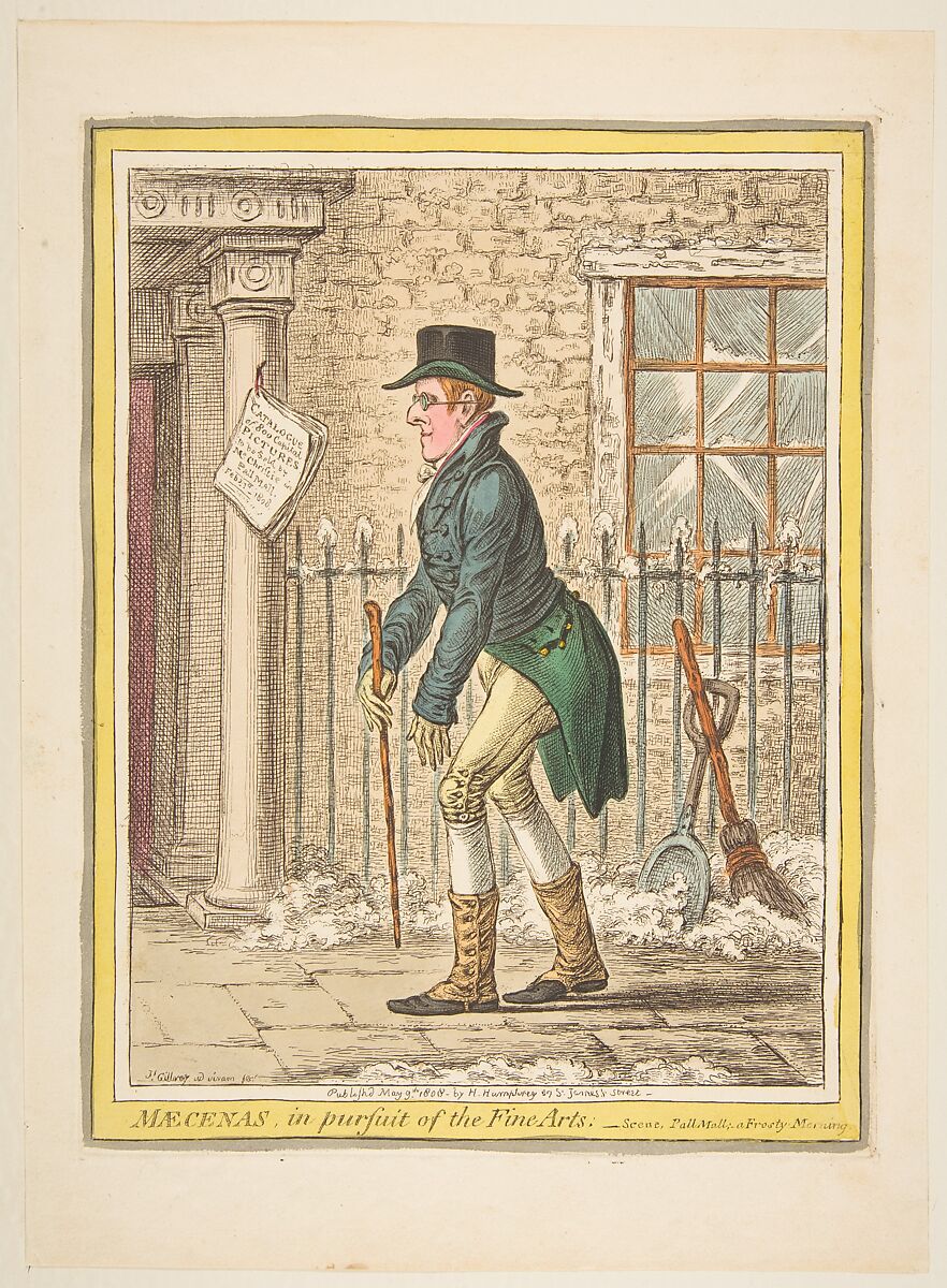 Maecenas, in pursuit of the Fine Arts.–Scene, Pall Mall; a Frosty Morning, James Gillray (British, London 1756–1815 London), Hand-colored etching 