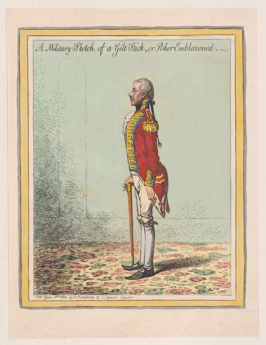 A Military Sketch, of a Gilt Stick, or Poker Emblazoned, James Gillray (British, London 1756–1815 London), Hand-colored etching 