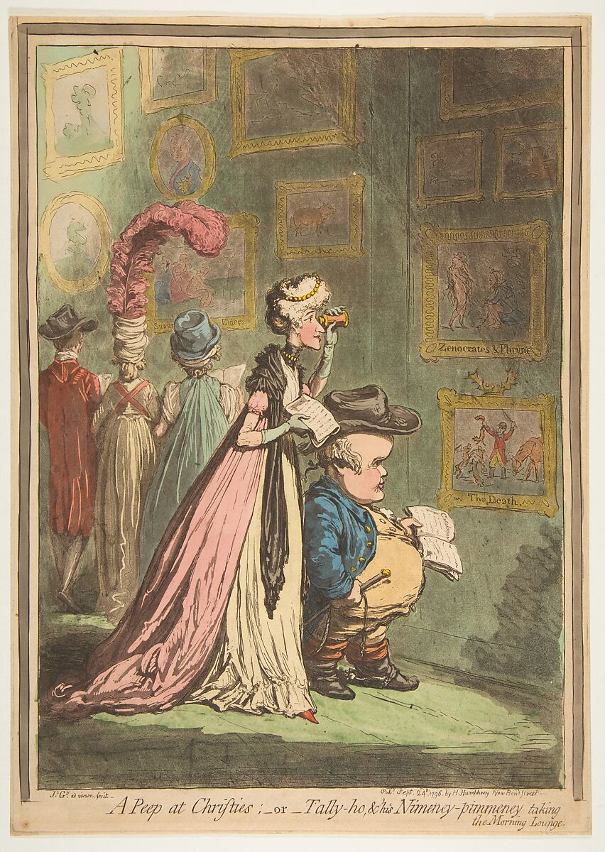 A Peep at Christies;–or–Tally-ho & his Nimeny-pimeney taking the Morning Lounge, James Gillray (British, London 1756–1815 London), Hand-colored etching and aquatint 