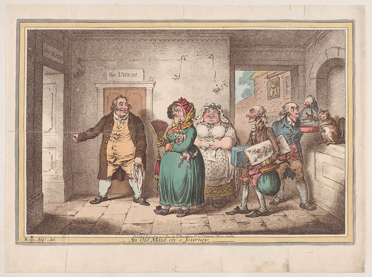 An Old Maid on a Journey, James Gillray (British, London 1756–1815 London), Hand-colored etching 