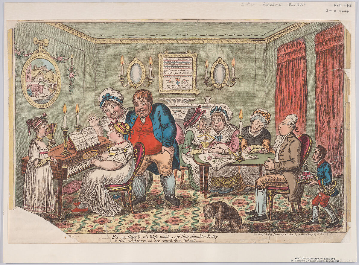 Farmer Giles and His Wife Showing Off Their Daughter Betty to Their Neighbours on her Return from School, James Gillray (British, London 1756–1815 London), Hand-colored etching 