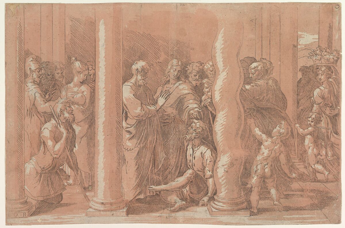 Saints Peter and John healing the Sick, Parmigianino (Girolamo Francesco Maria Mazzola) (Italian, Parma 1503–1540 Casalmaggiore), Etching with pink tone block 