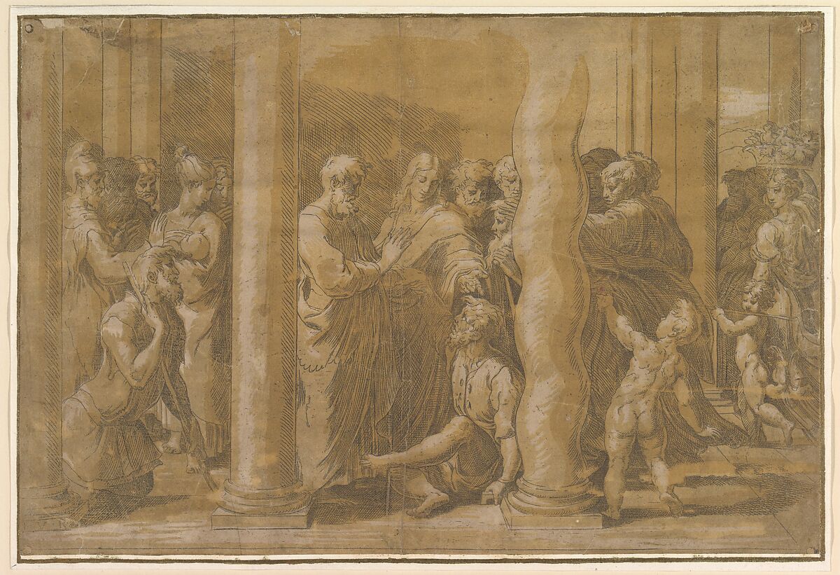 Saints Peter and John healing the Sick, Parmigianino (Girolamo Francesco Maria Mazzola) (Italian, Parma 1503–1540 Casalmaggiore), Etching with two browny-green tone blocks 