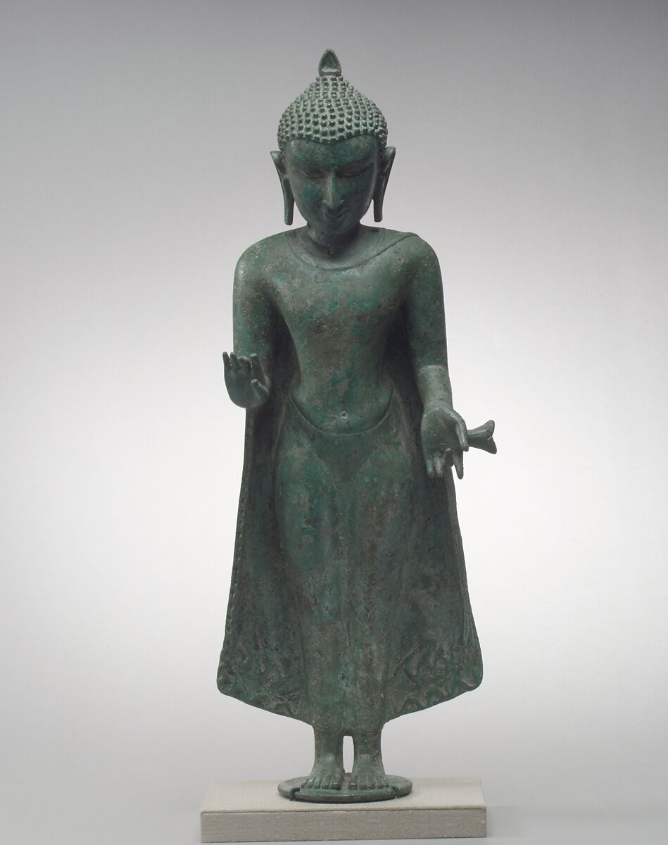 Standing Buddha, Bronze with silver inlay, Burma 