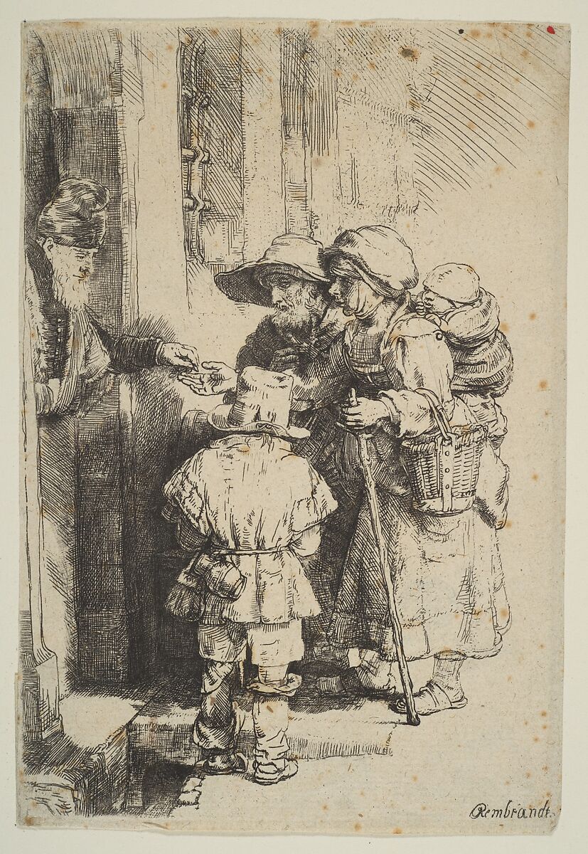 Beggars Receiving Alms at the Door of a House, Rembrandt (Rembrandt van Rijn) (Dutch, Leiden 1606–1669 Amsterdam), Etching, burin, drypoint; third of five states 