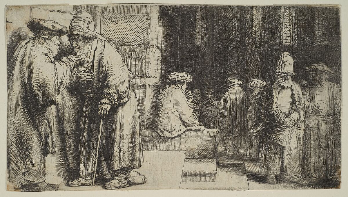 Jews in a Synagogue, Rembrandt (Rembrandt van Rijn) (Dutch, Leiden 1606–1669 Amsterdam), Etching and drypoint; second of nine states 