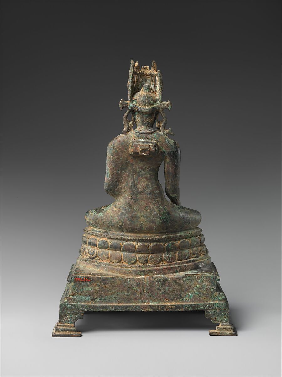 Crowned Buddha, Bronze inlaid with silver, lapis lazuli, and rock crystal, India (Bihar)